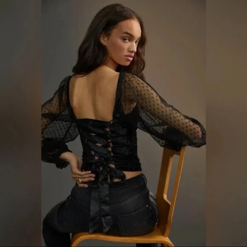 Anthropologie Black Sheer Lace-Up Blouse